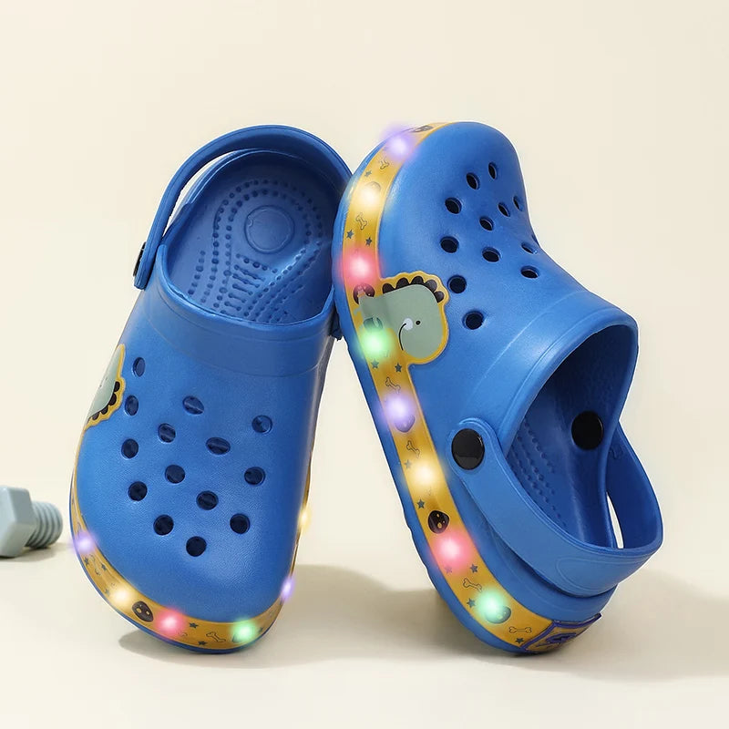 Kids' Light-Up Clogs Fun Cartoon Dinosaur Design Comfortable Slip-On Shoes with Glowing Soles Boy Clogs Summer Sandals