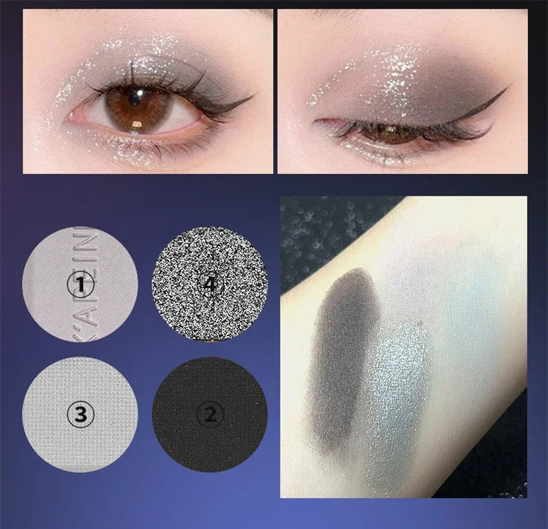4-Color Glitter Blue Eyeshadow Palette Matte Pearl Shimmer Korean Acrylic Smoky Eye Shadow Palette Long Lasting Makeup Cosmetics
