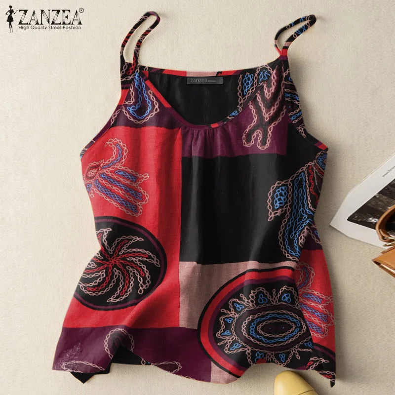 Bohemian Tanks Tops ZANZEA Summer Floral Camis Women Vintage Holiday Beach Blouse Casual Spaghetti Strap Tees Loose Blusas Mujer