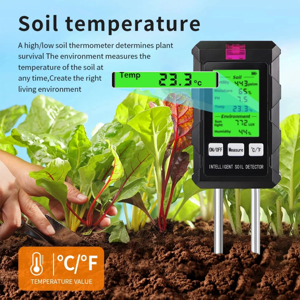 6 in 1 Soil Detector Soil Tester PH Temperature Humidity Sunlight Air Moisture Nutrient Fertility Meter Gardening Tool