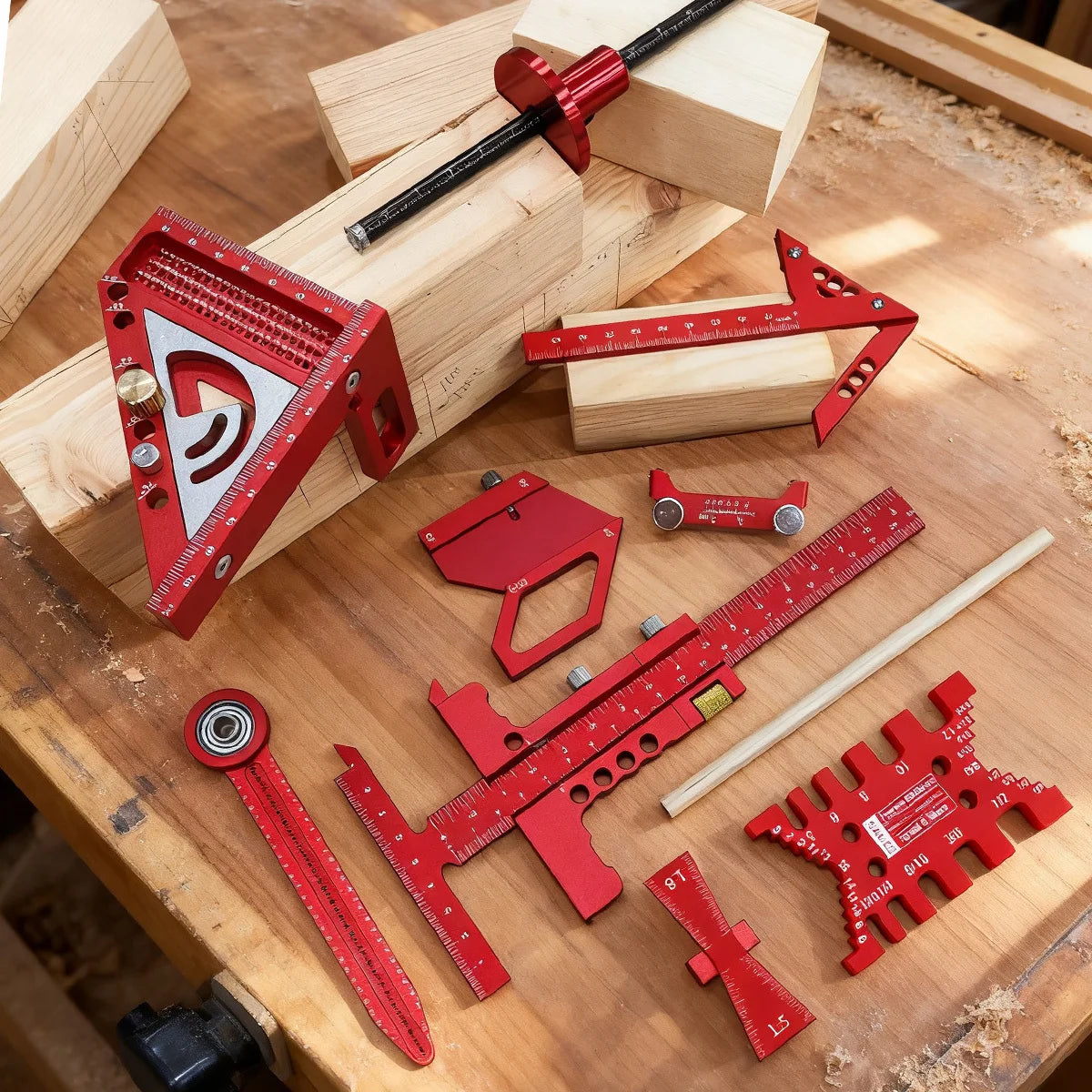 Woodworking Project Combination Set with Box, Including triangle ruler, Scriber, Tenon Gauge, Dovetail Gauge, Positioning Clamp