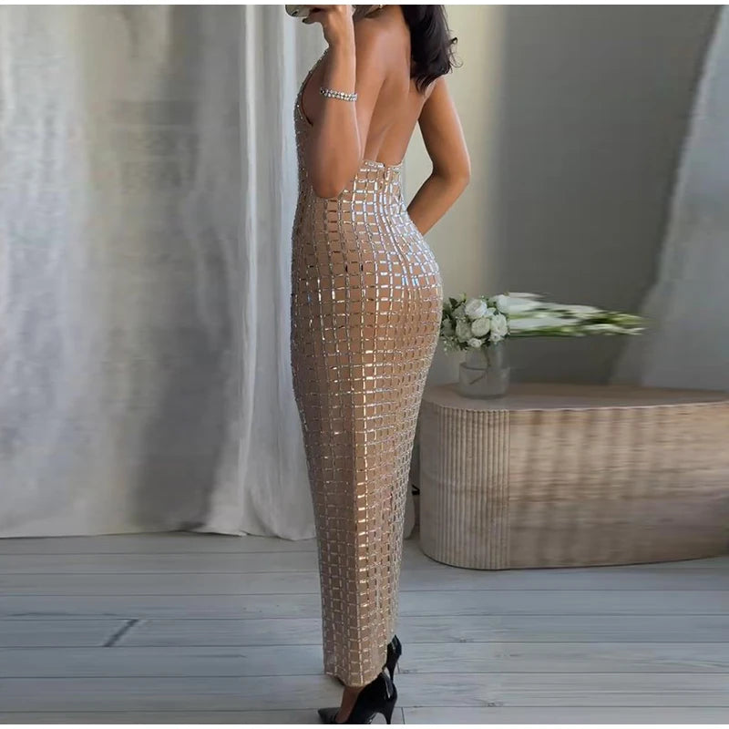 Luxury Diamonds Halter Long Dress Women Sexy Slim Sleeveless Backless Split Party Dresses 2026 Spring Summer Lady Evening Robes