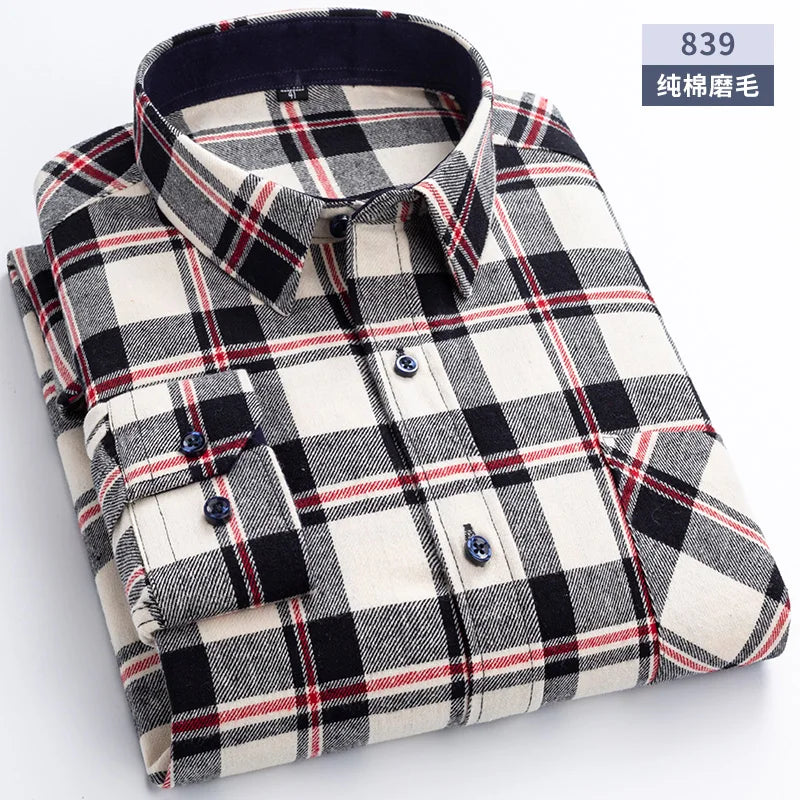 New Flannel Plaid Shirts For Man Winter Warm Cotton Long Sleeve Turn-down Collar Regular Fit Men's Clothing Casual Smart Shirts
