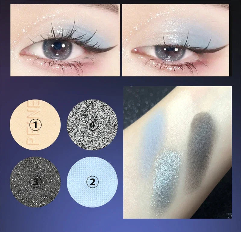 4-Color Glitter Blue Eyeshadow Palette Matte Pearl Shimmer Korean Acrylic Smoky Eye Shadow Palette Long Lasting Makeup Cosmetics