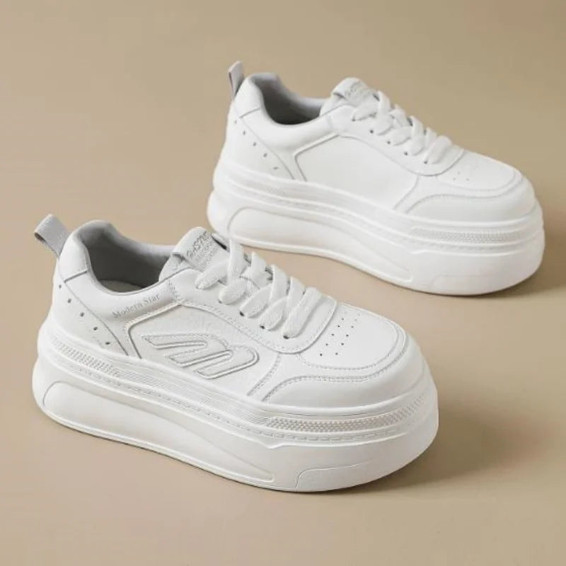 7cm Genuine Leather Women Casual Shoes Chunky Sneakers Skateboard Vulcanize Lady Comfy White Platform Wedge Hidden Heel 33-39