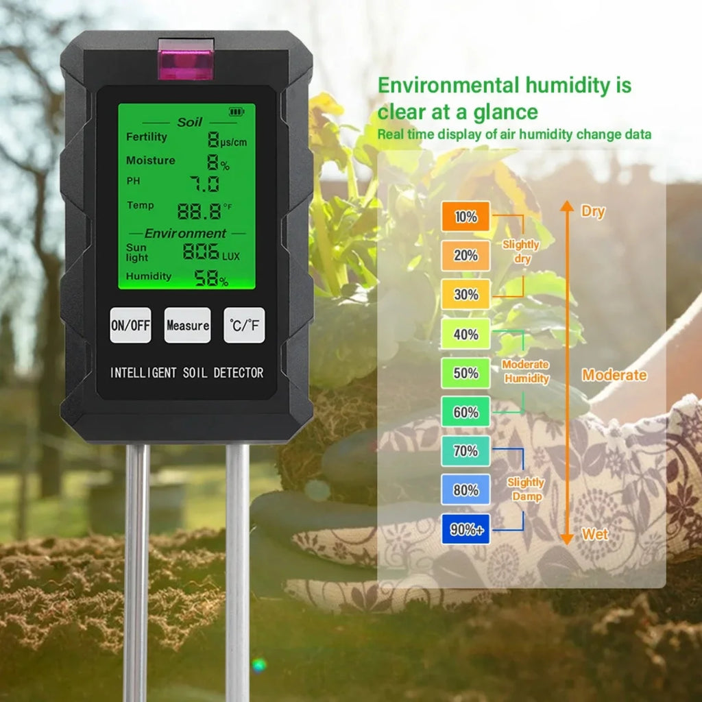6 in 1 Soil Detector Soil Tester PH Temperature Humidity Sunlight Air Moisture Nutrient Fertility Meter Gardening Tool