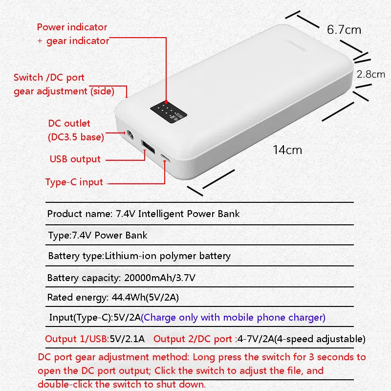 Power Bank 20000mah 12V DC Output Portable Battery External Charging Variable Speed Charger For iPhone Air Conditioned Clothing