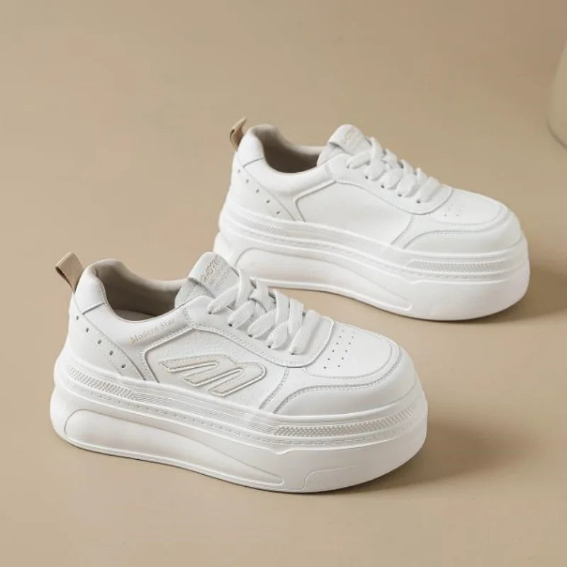 7cm Genuine Leather Women Casual Shoes Chunky Sneakers Skateboard Vulcanize Lady Comfy White Platform Wedge Hidden Heel 33-39