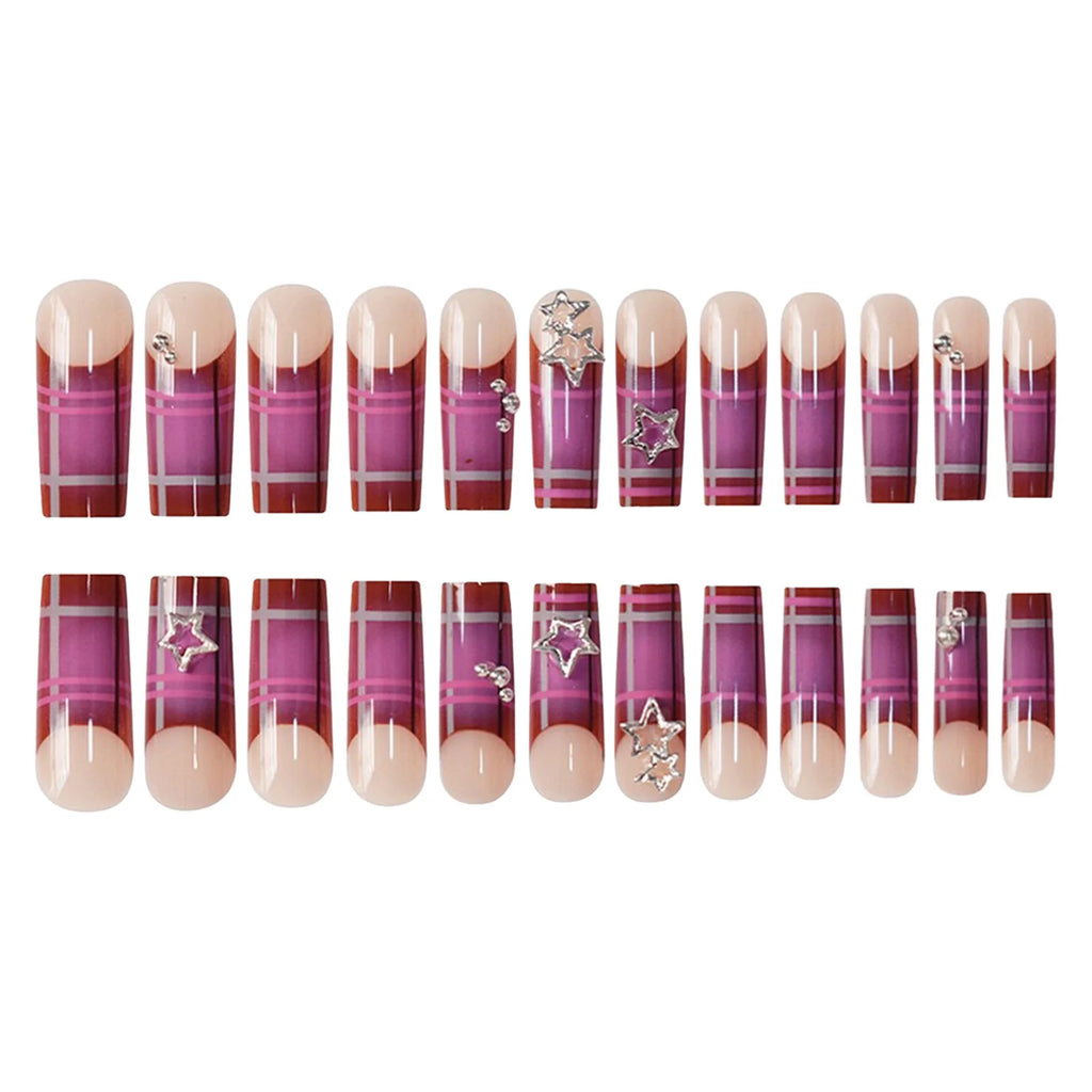24Pcs Y2K Girls Long Coffin Press On Nails Purple Plaid Printed French Fake Nails Alloy Star Designs Charm Manicure for Women