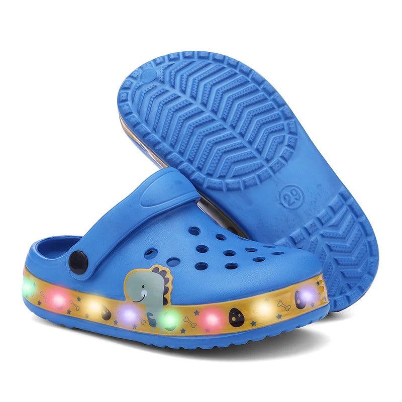 Kids' Light-Up Clogs Fun Cartoon Dinosaur Design Comfortable Slip-On Shoes with Glowing Soles Boy Clogs Summer Sandals