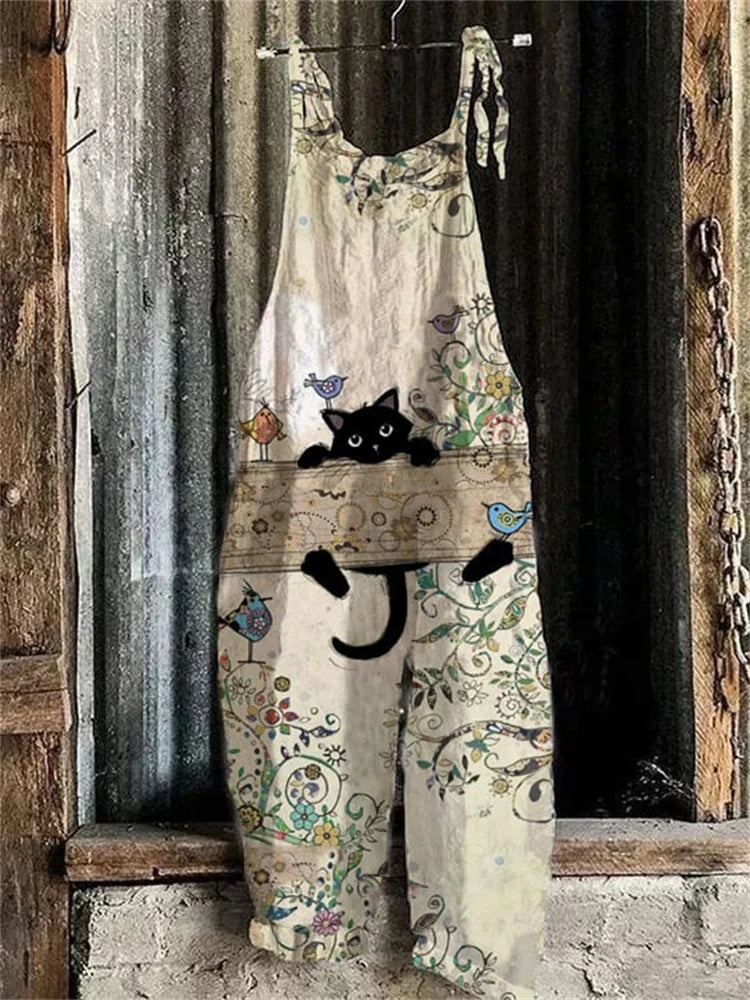 New Women Fun Cat Print Adjustable Strap Romper Autumn Wide Leg Romper Loose Casual Bib Overalls With Overalls Romper With Strap