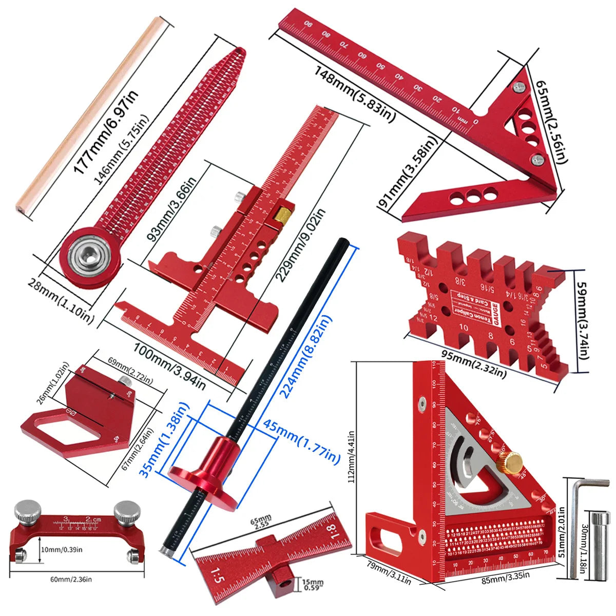 Woodworking Project Combination Set with Box, Including triangle ruler, Scriber, Tenon Gauge, Dovetail Gauge, Positioning Clamp