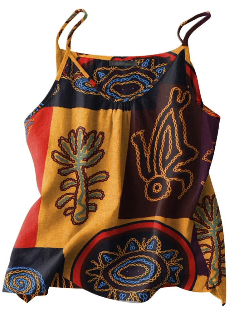 Bohemian Tanks Tops ZANZEA Summer Floral Camis Women Vintage Holiday Beach Blouse Casual Spaghetti Strap Tees Loose Blusas Mujer