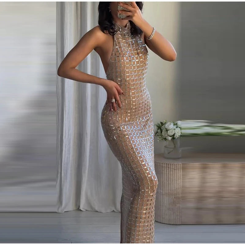 Luxury Diamonds Halter Long Dress Women Sexy Slim Sleeveless Backless Split Party Dresses 2026 Spring Summer Lady Evening Robes