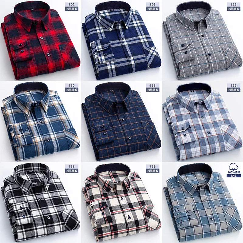 New Flannel Plaid Shirts For Man Winter Warm Cotton Long Sleeve Turn-down Collar Regular Fit Men's Clothing Casual Smart Shirts