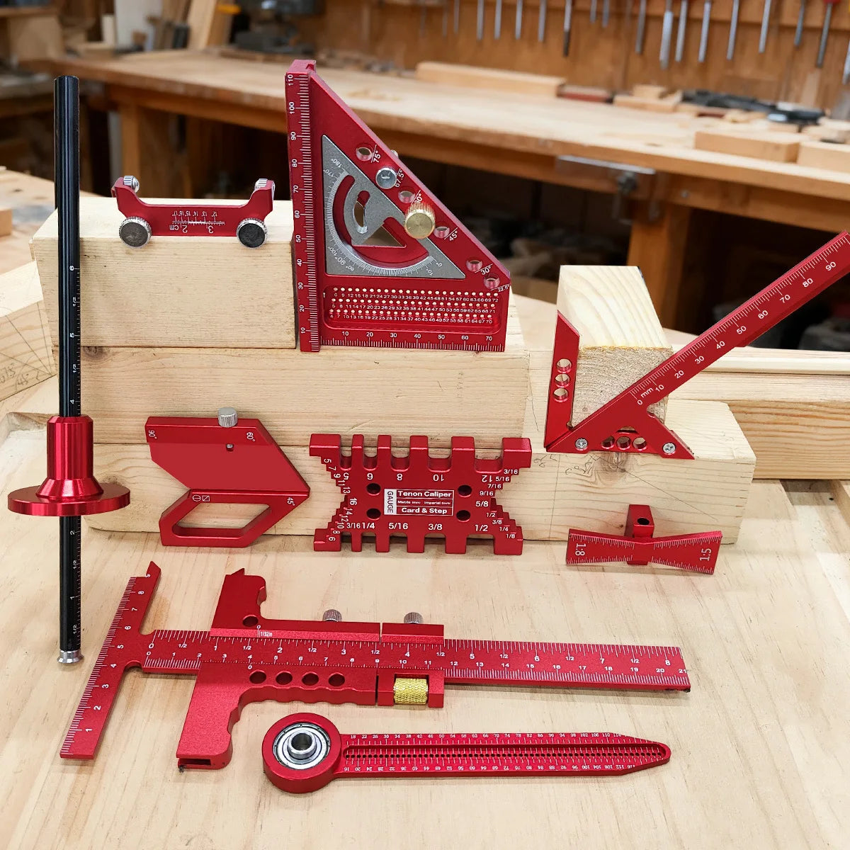 Woodworking Project Combination Set with Box, Including triangle ruler, Scriber, Tenon Gauge, Dovetail Gauge, Positioning Clamp
