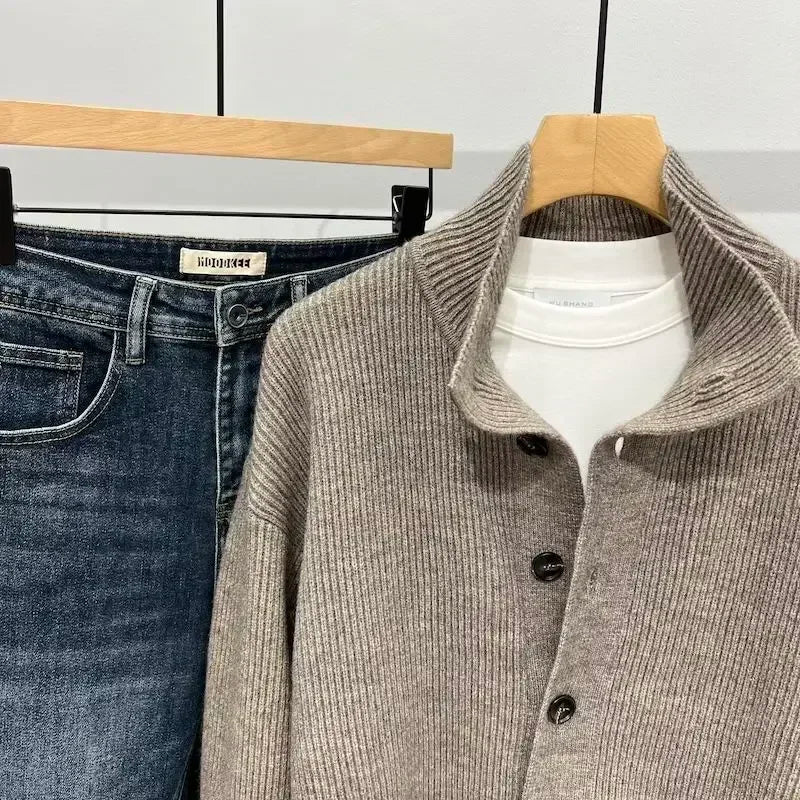 Knit Sweater Male Black Solid Color Cardigan Men's Clothing Plain Collared High Quality Replica Thick Winter Classic 90s Vintage