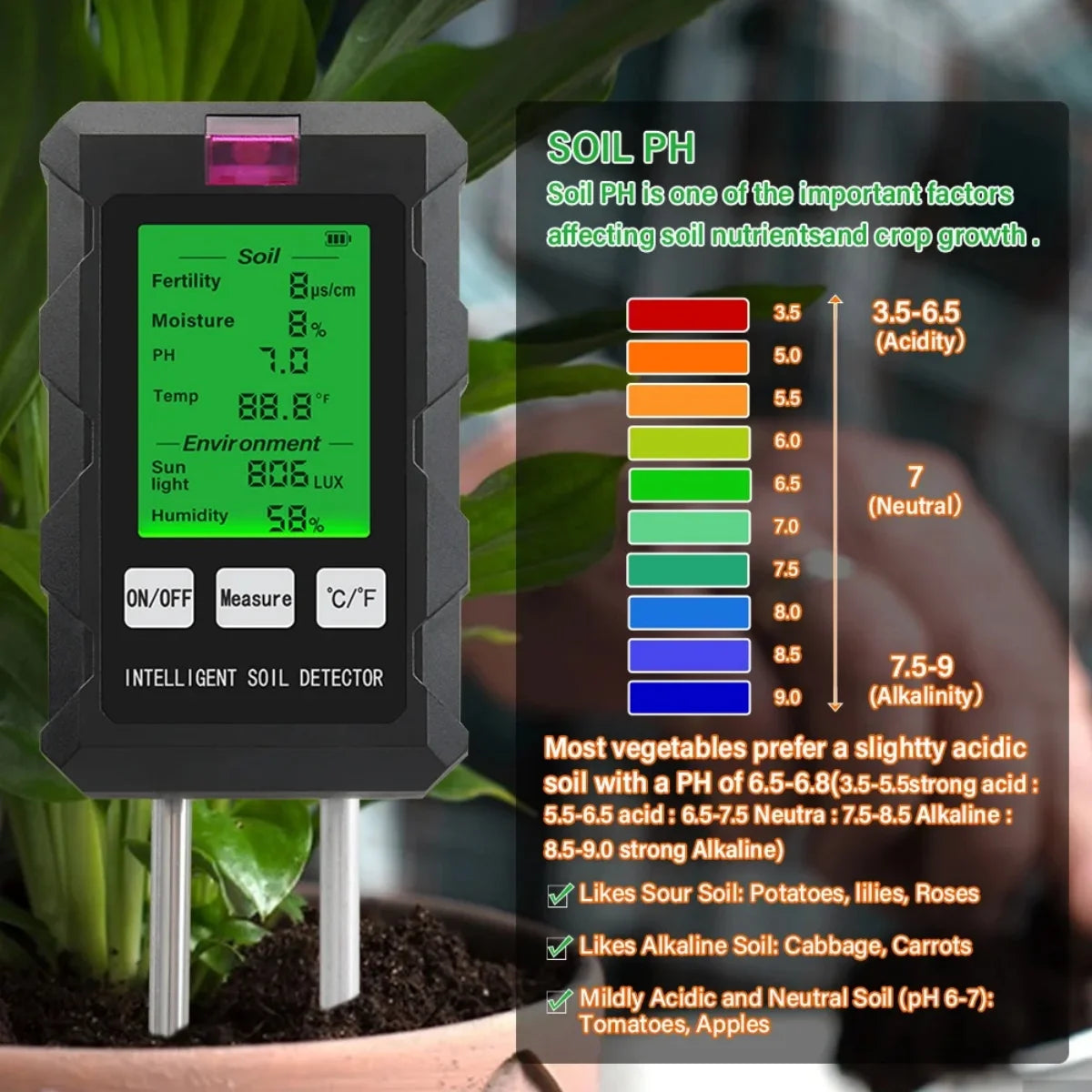6 in 1 Soil Detector Soil Tester PH Temperature Humidity Sunlight Air Moisture Nutrient Fertility Meter Gardening Tool