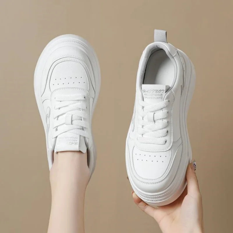 7cm Genuine Leather Women Casual Shoes Chunky Sneakers Skateboard Vulcanize Lady Comfy White Platform Wedge Hidden Heel 33-39