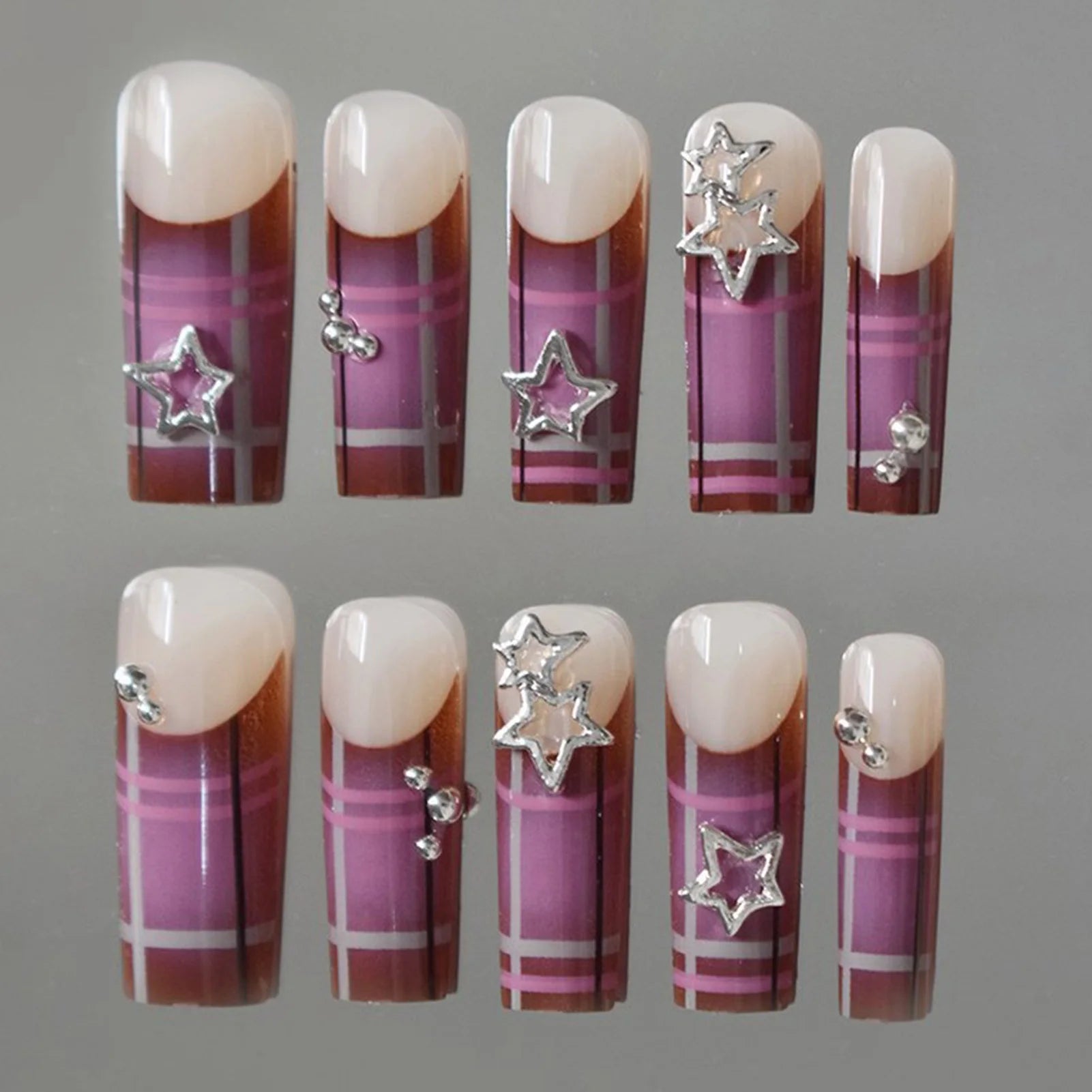 24Pcs Y2K Girls Long Coffin Press On Nails Purple Plaid Printed French Fake Nails Alloy Star Designs Charm Manicure for Women
