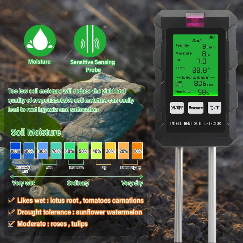 6 in 1 Soil Detector Soil Tester PH Temperature Humidity Sunlight Air Moisture Nutrient Fertility Meter Gardening Tool