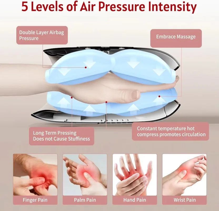Portable Wireless Rechargeable Electric Hand Massager Hot Compress Air Pressure Compression Airbags Finger Palm Massage Features
