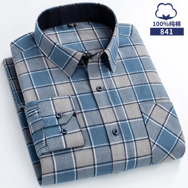 New Flannel Plaid Shirts For Man Winter Warm Cotton Long Sleeve Turn-down Collar Regular Fit Men's Clothing Casual Smart Shirts