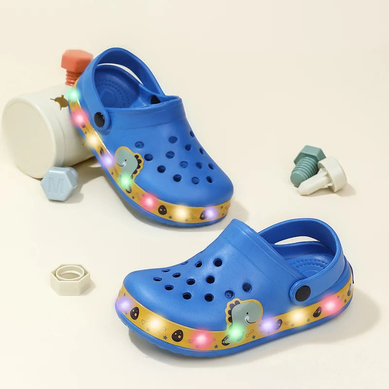 Kids' Light-Up Clogs Fun Cartoon Dinosaur Design Comfortable Slip-On Shoes with Glowing Soles Boy Clogs Summer Sandals