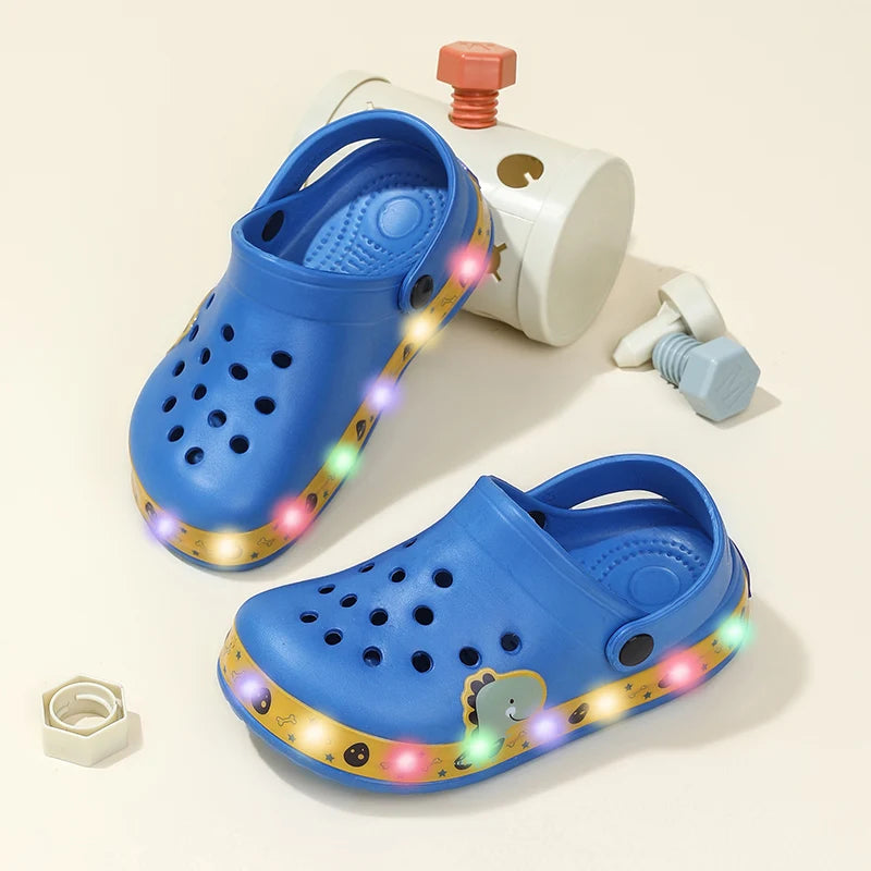 Kids' Light-Up Clogs Fun Cartoon Dinosaur Design Comfortable Slip-On Shoes with Glowing Soles Boy Clogs Summer Sandals