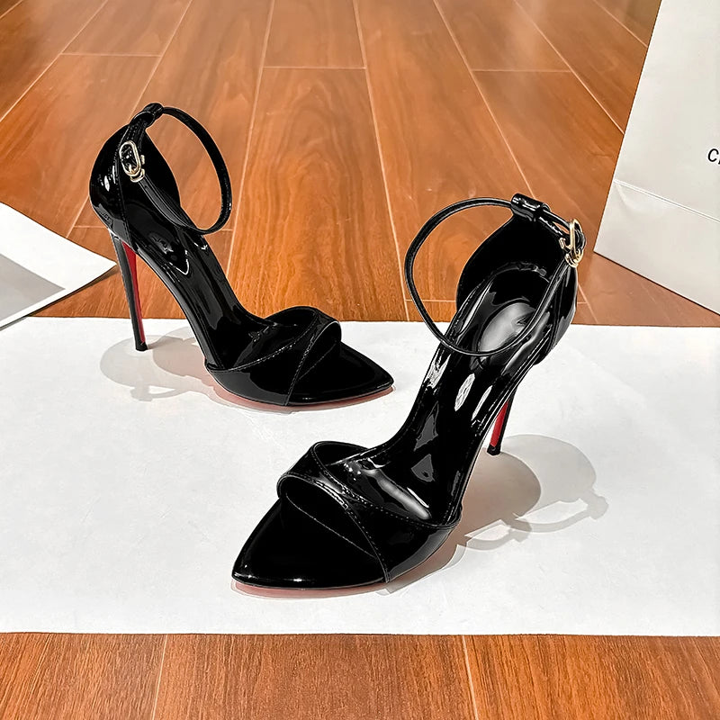 New hollow flat belt round toe high heels, plus size summer sandals, black patent leather, super shallow mouth, sexy