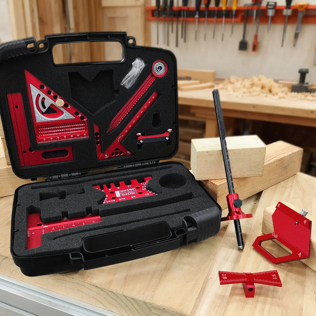 Woodworking Project Combination Set with Box, Including triangle ruler, Scriber, Tenon Gauge, Dovetail Gauge, Positioning Clamp