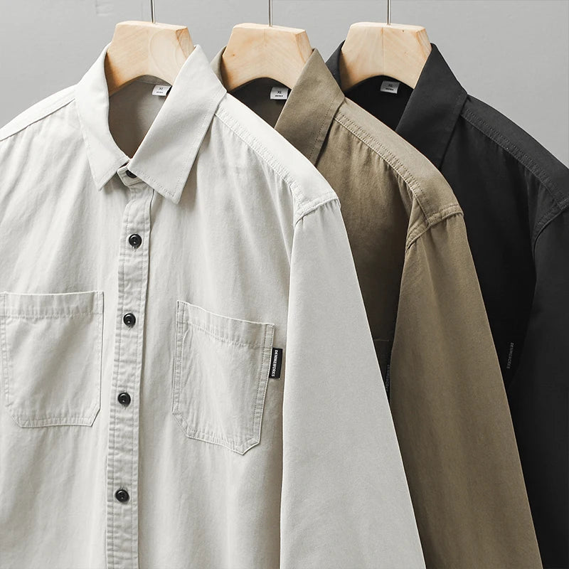 DUKEEN Pure Cotton Shirts for Men Spring Autumn Vintage Long Sleeve Solid Color Blouse Pocket Work Wear Casual Men's Clothing